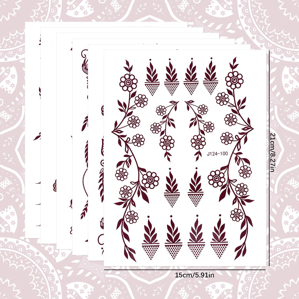 ZIBUYU Temporary Tattoo Stickers for Hands and Body with 6 Sheets Waterproof Design | Brown Lotus Mehndi for Women and Girls
