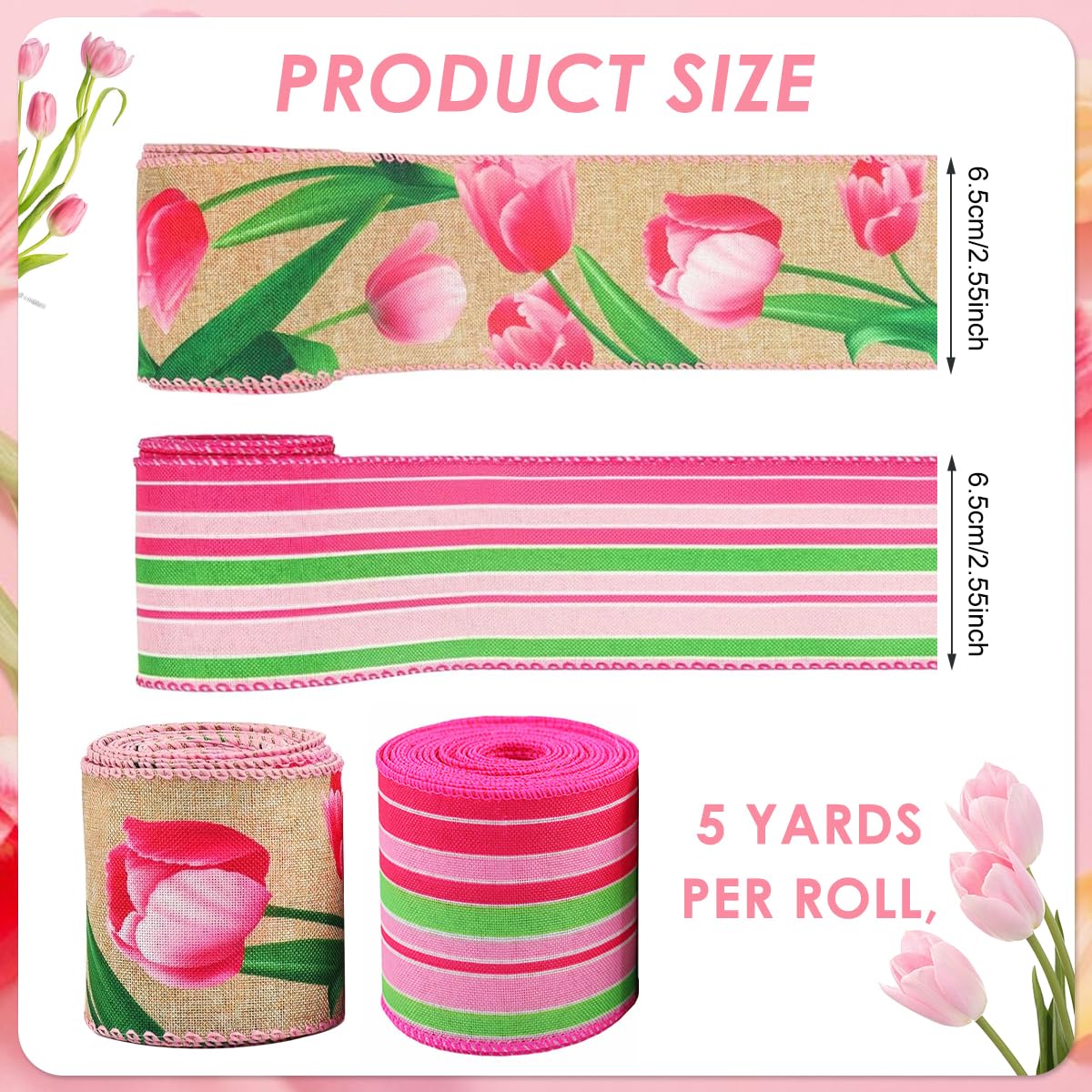 PATPAT Satin Ribbon Rolls for Gift Wrapping with Tulip Floral Print 6.3 cm x 5 ft | Polyester Fabric for DIY Crafts