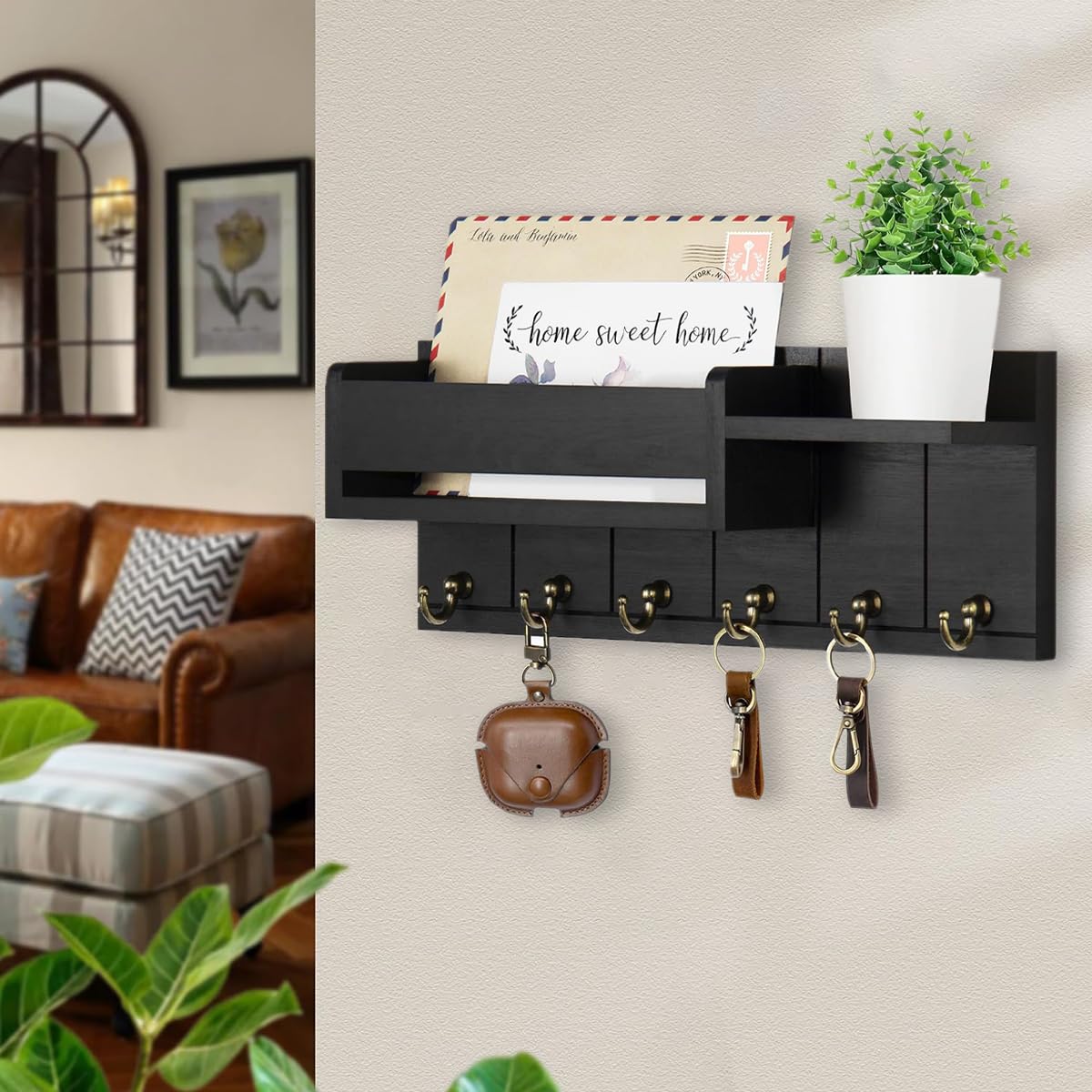 Supvox Wooden Key Holder for Home with Six Metal Hooks and Dual Shelves Black 12x4.8 in