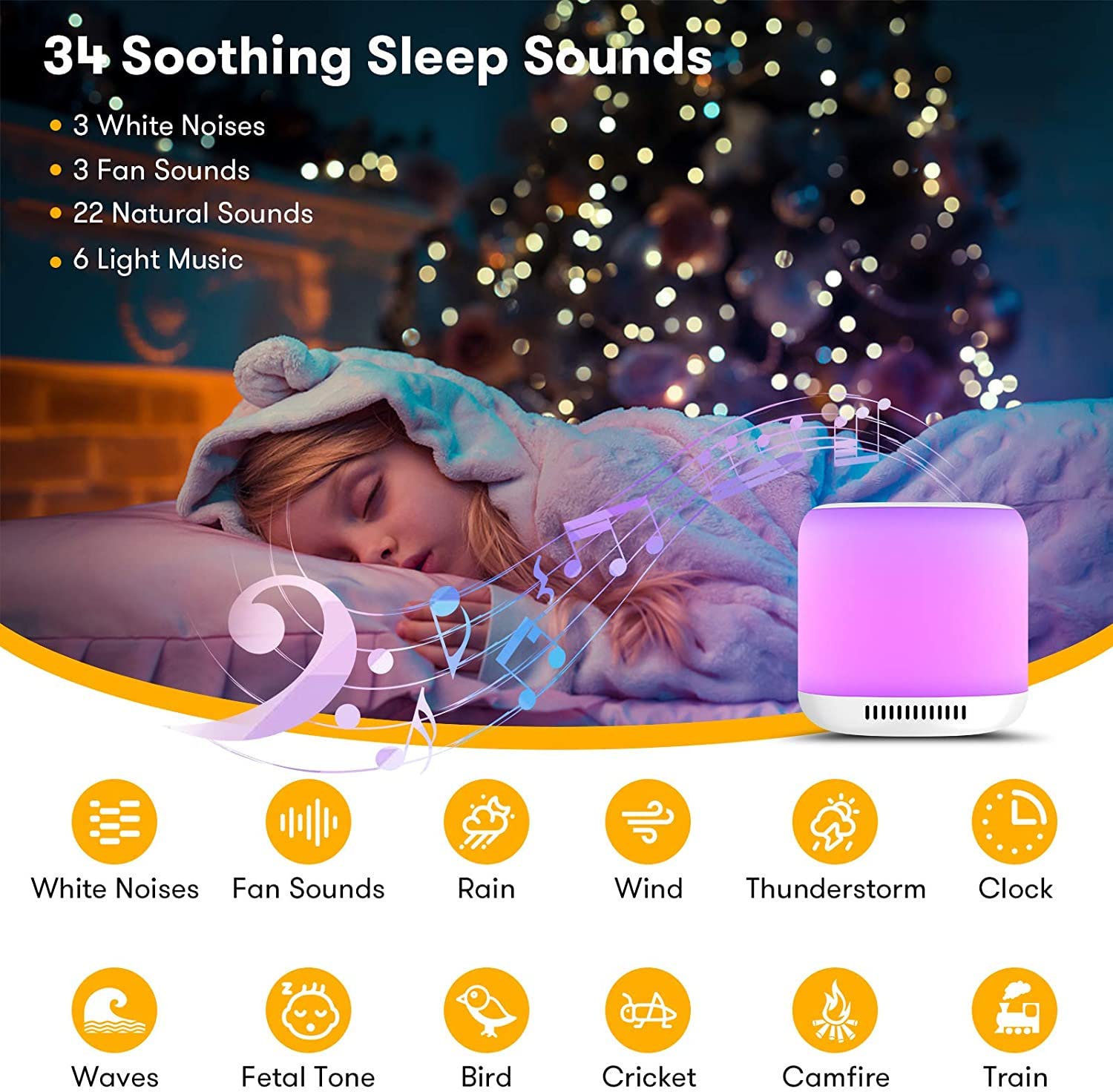 HASTHIP White Noise Machine for Sleep Aid with 34 Soothing Sounds & 9 Color LED Light | 1800mAh Battery and Timer Function