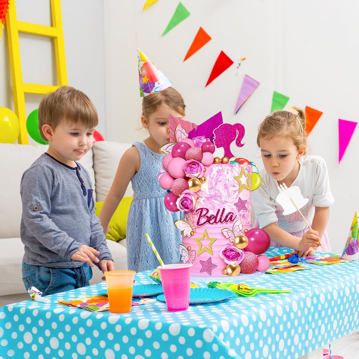 HASTHIP Cake Toppers for Birthday Cakes with 36 Pcs Glittering Stars and Pink Girl Silhouette | Party Decorations for Women and Girls