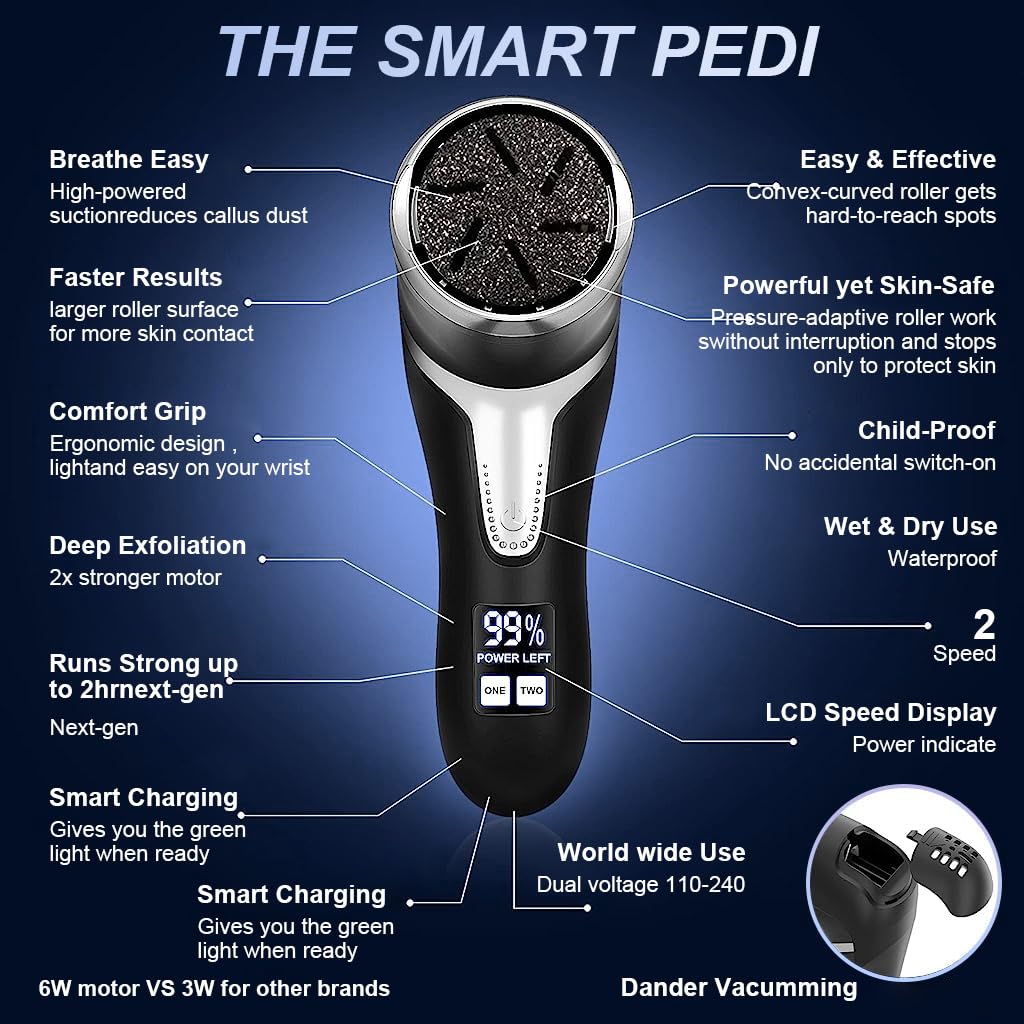 HANNEA Electric Callus Remover for Feet with 2 Speed 2200RPM Motor and LCD Display | USB Rechargeable IPX7 Waterproof Pedicure Kit
