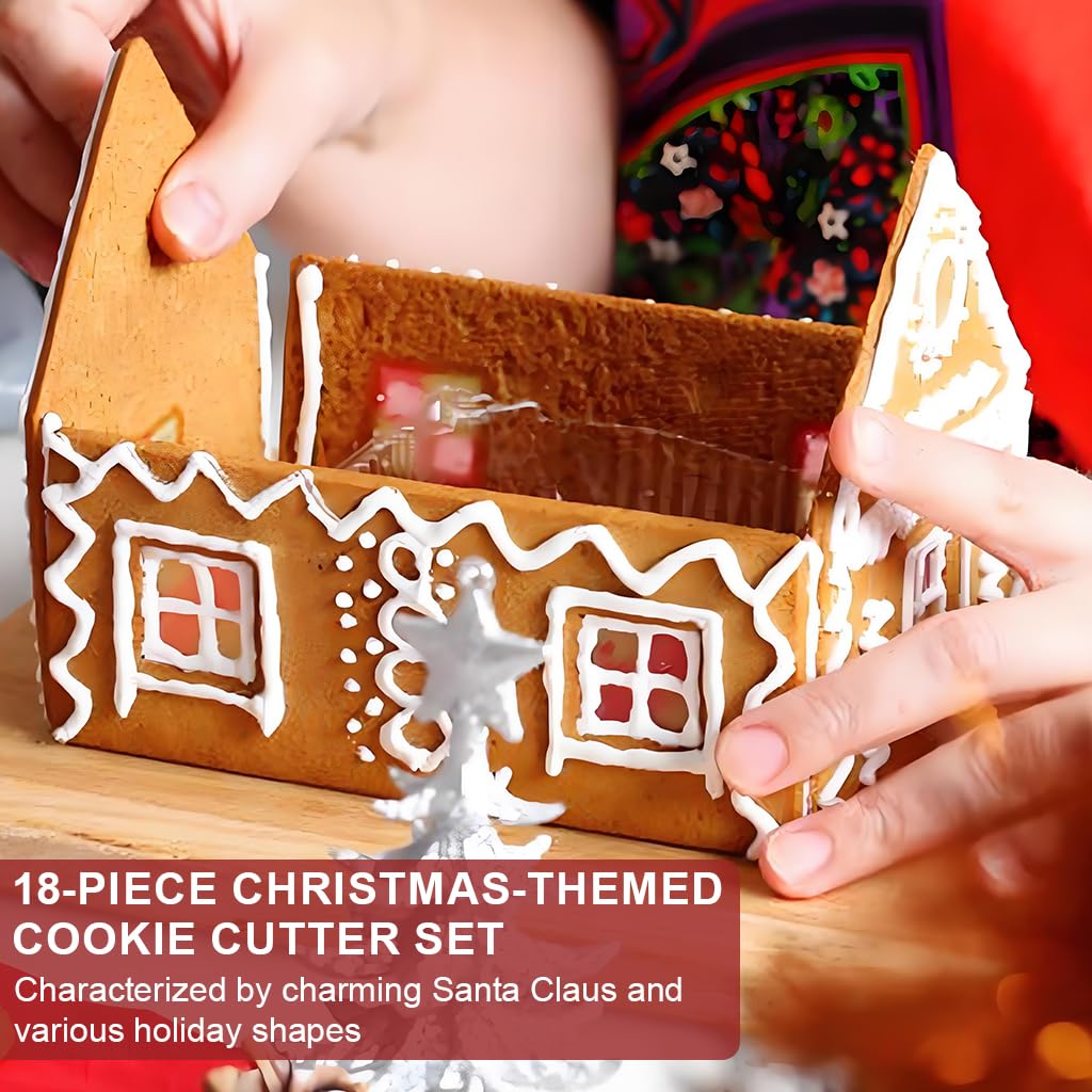 HASTHIP 18PCS 3D Christmas Cookie Cutters for DIY Gingerbread House with Santa House Design | Fun Holiday Baking Tool Set