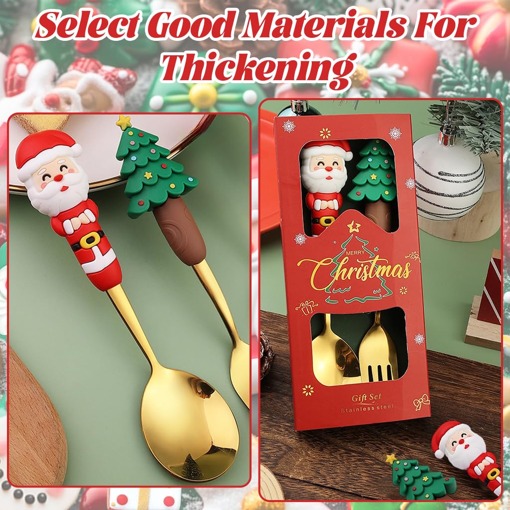 HASTHIP Christmas Spoon and Fork Set for Festive Dining with Santa and Tree Toppers | 2PCS Gold Stainless Steel Flatware in Gift Box