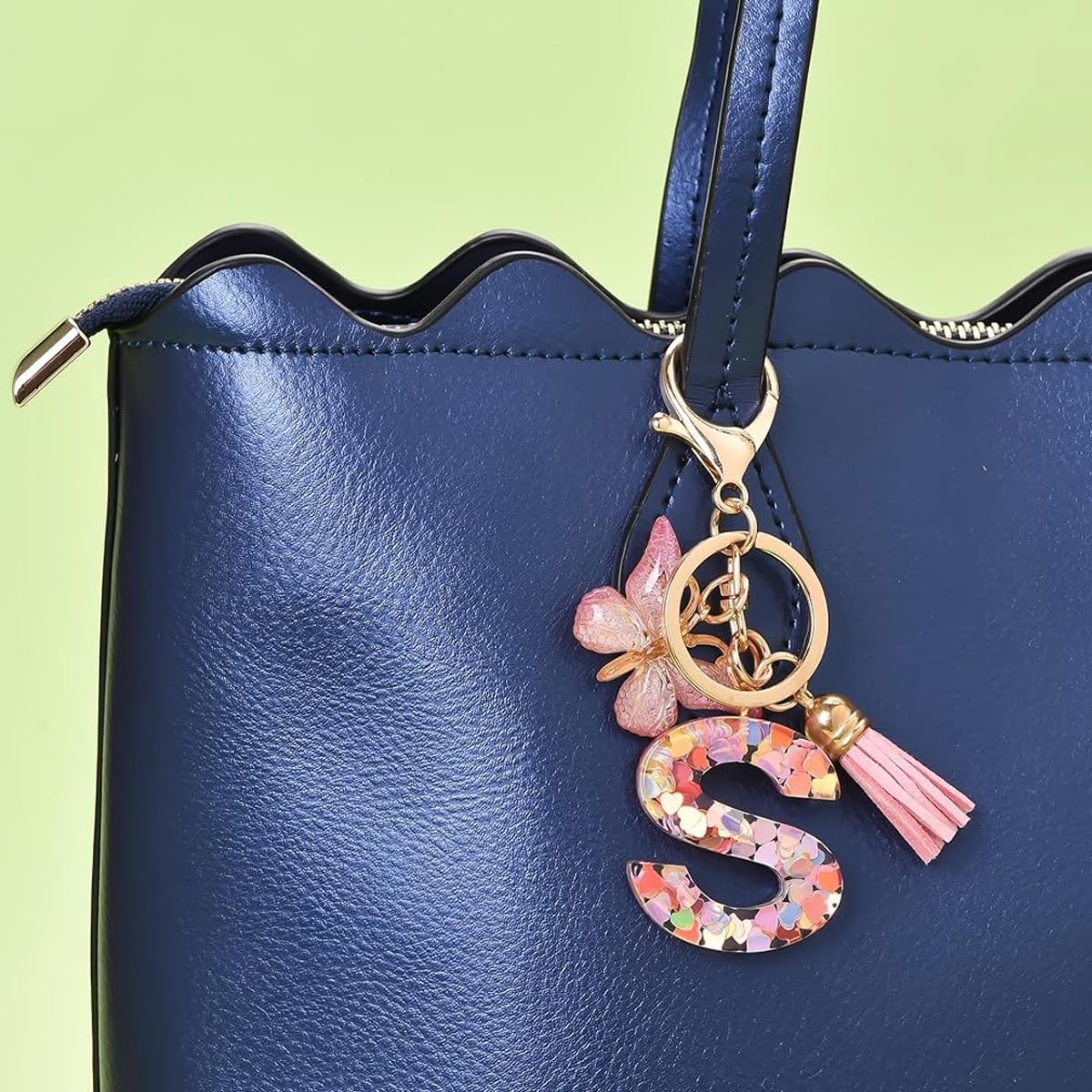 ZIBUYU Letter S Keychain for Bags and Backpacks featuring Pink Butterfly Clear Resin | 2 PCS Gift for Girls