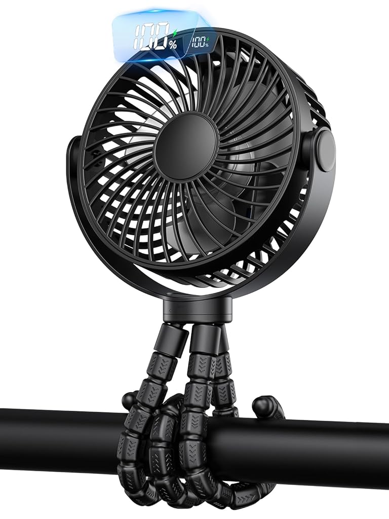 Verilux® USB Stroller Fan with Flexible Claws 5000mAh Rechargeable USB Fan with 4 Speeds Cordless Quiet Fan for Crib Handle, Desk, Safety Baby Seat