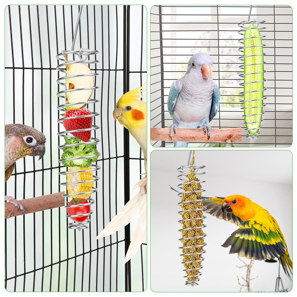 Qpets Parrot Spiral Millet Holder for Cage Feeding 9.5 x 1.8 in with Top Hook | Bird Enrichment Toy