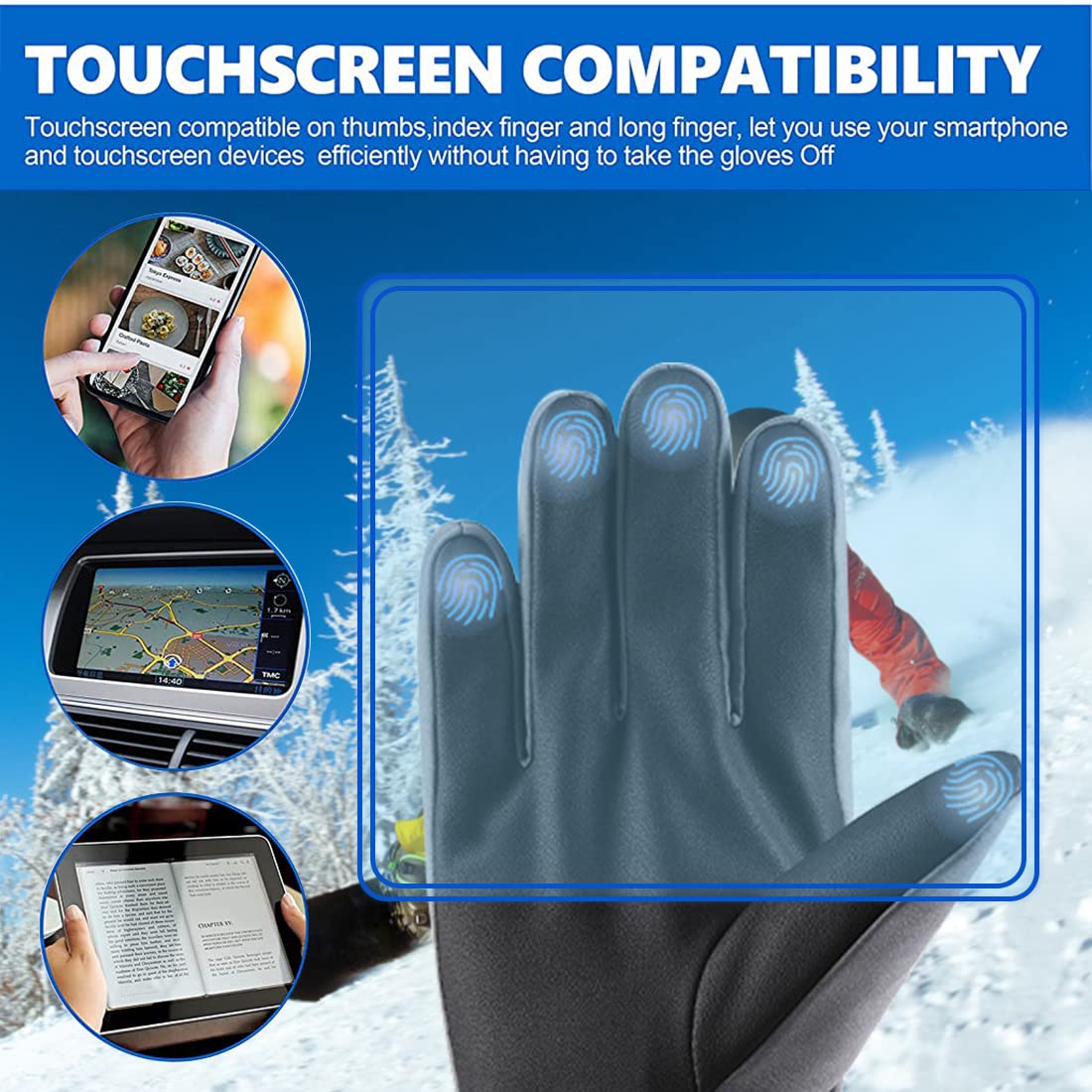 ZIBUYU Winter Gloves for Men Women Adult Warm Bike Riding Gloves Touch Screen Finger Microfiber Anti-Slip Design Windproof Waterproof Snow Ski Gloves Hand Gloves (Grey)