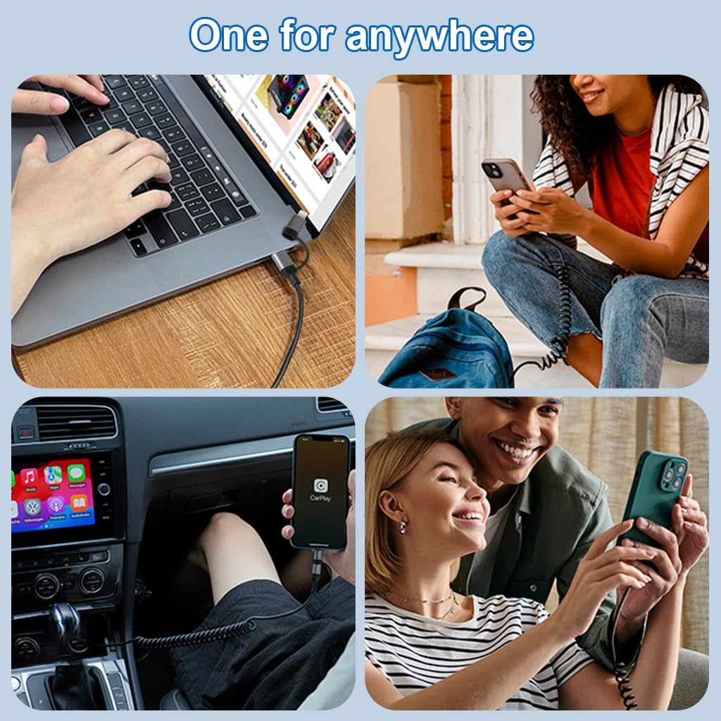 Verilux Type C Charger Cable 4 in 1 4 ft 1.2 m with PD 60 W Fast Charging and Spring Coil Design