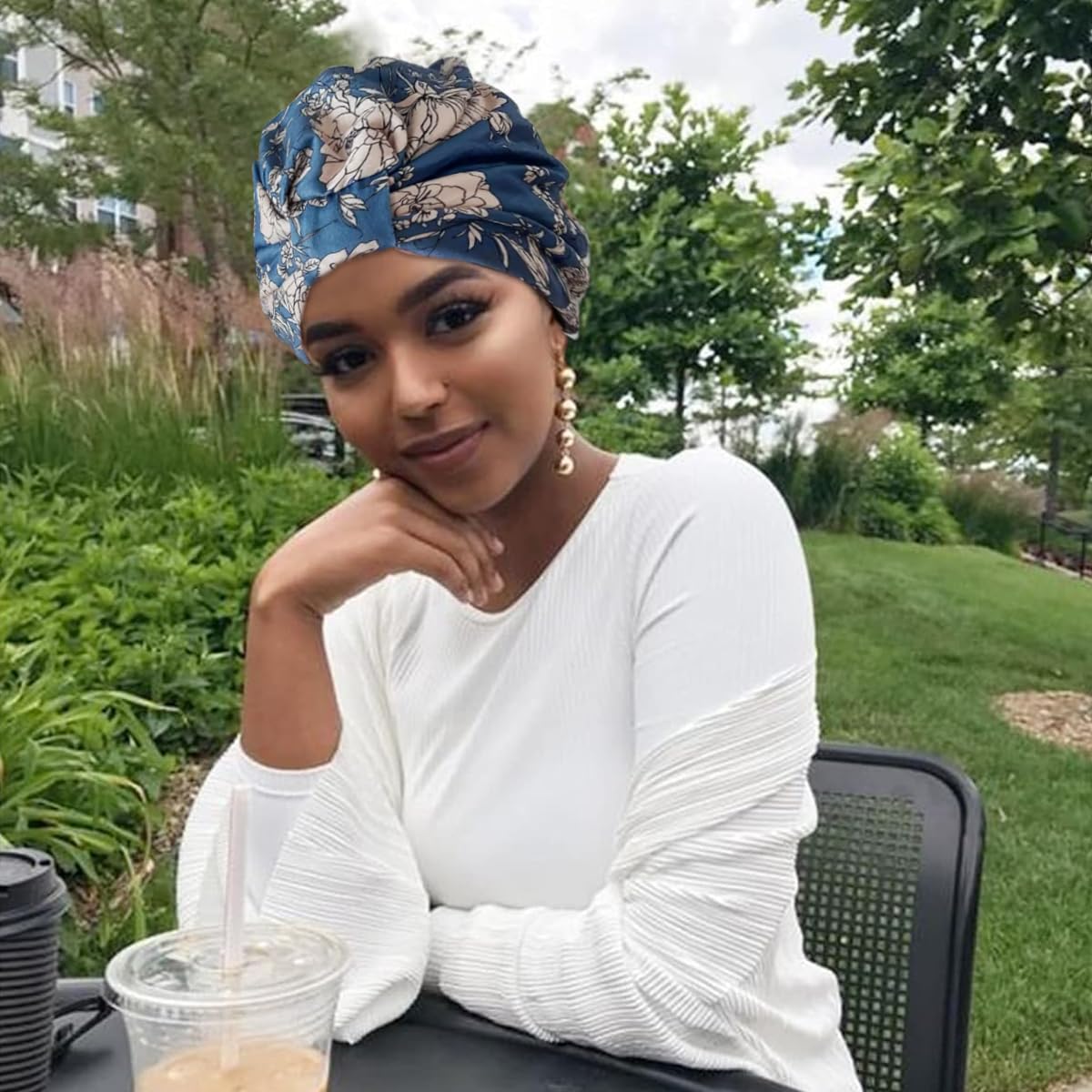 SANNIDHI Chemo Caps for Cancer Patients with Soft Cotton Head Scarf Floral Print Blue 3PCS