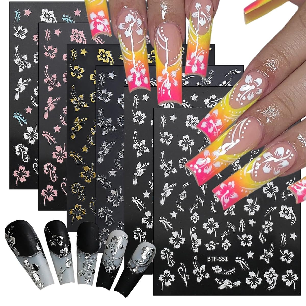 MAYCREATE® Flowers Nail Decal Stickers, 5 Sheets Self-Adhesive Flowers Nail Decals, Charming Floral Nail Art Decals, Butterfly Stickers for Nail Art Multi Color Acrylic Flowers for Nails Extensions