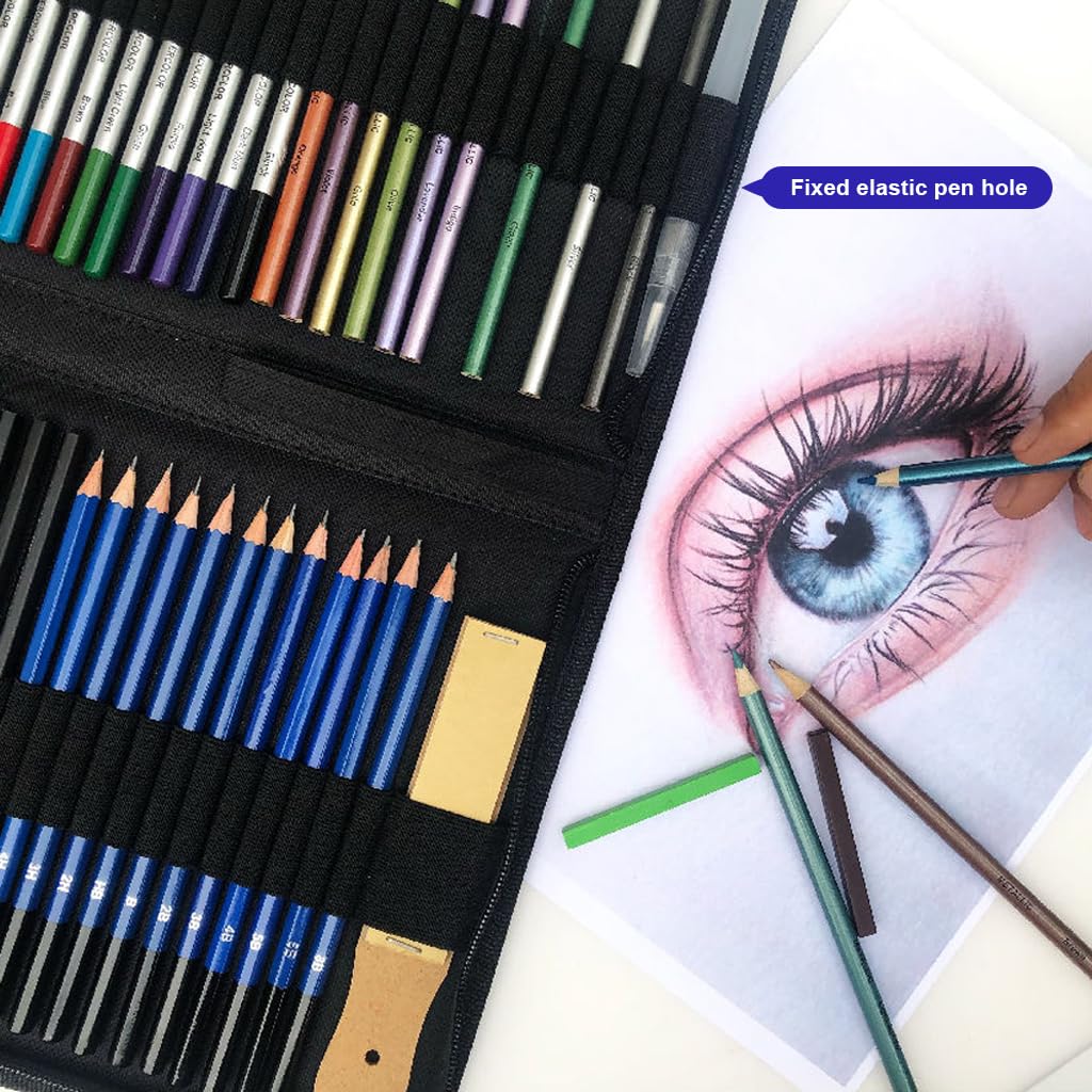 HASTHIP Sketching Kit for Artists and Students with 51 Pcs Tools & Zipper Case | Non Toxic Wood Pencils and Charcoal