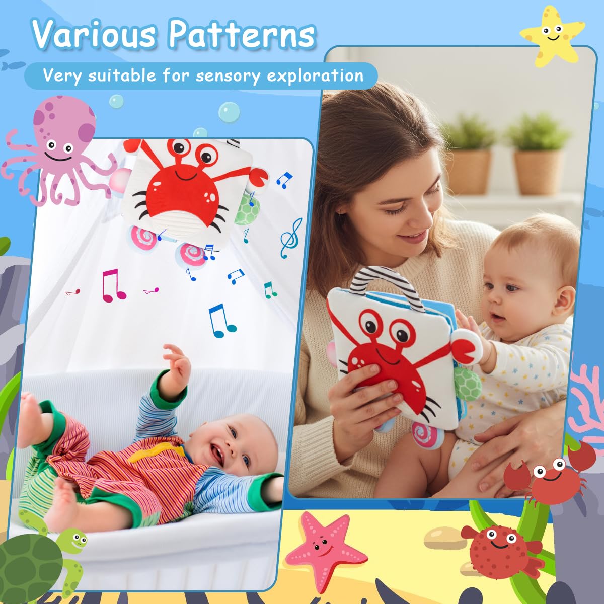 SNOWIE SOFT Baby Cloth Book for Stroller and Car Seat featuring Dimensional Animals | Sensory Toy for 0–6 Month Infants