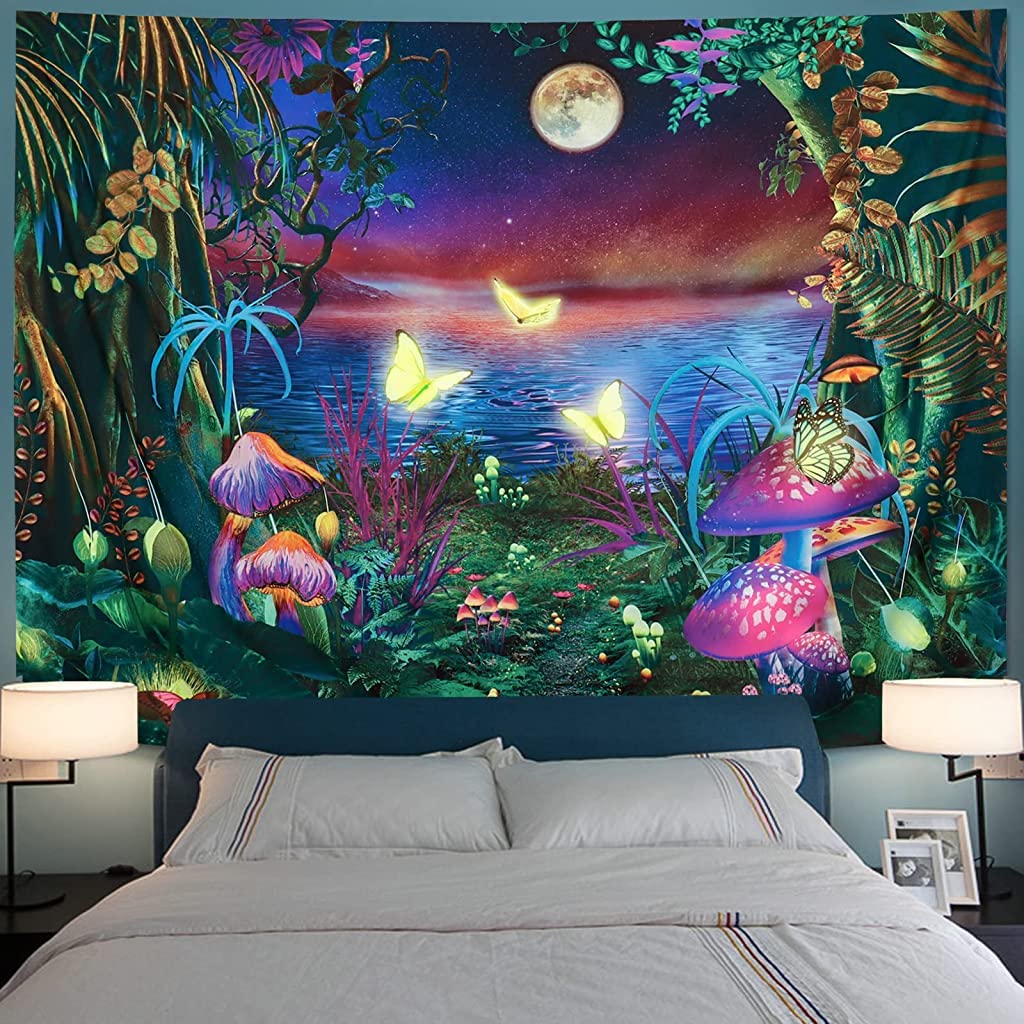 HASTHIP® Blacklight Fantasy Forest Tapestry, UV Reactive Tapestry Glow in The Dark, Butterfly Aesthetic Tapestries Galaxy Moon Space Tapestry Wall Hanging for Bedroom Living Room (51.2 in x 59.1 in)