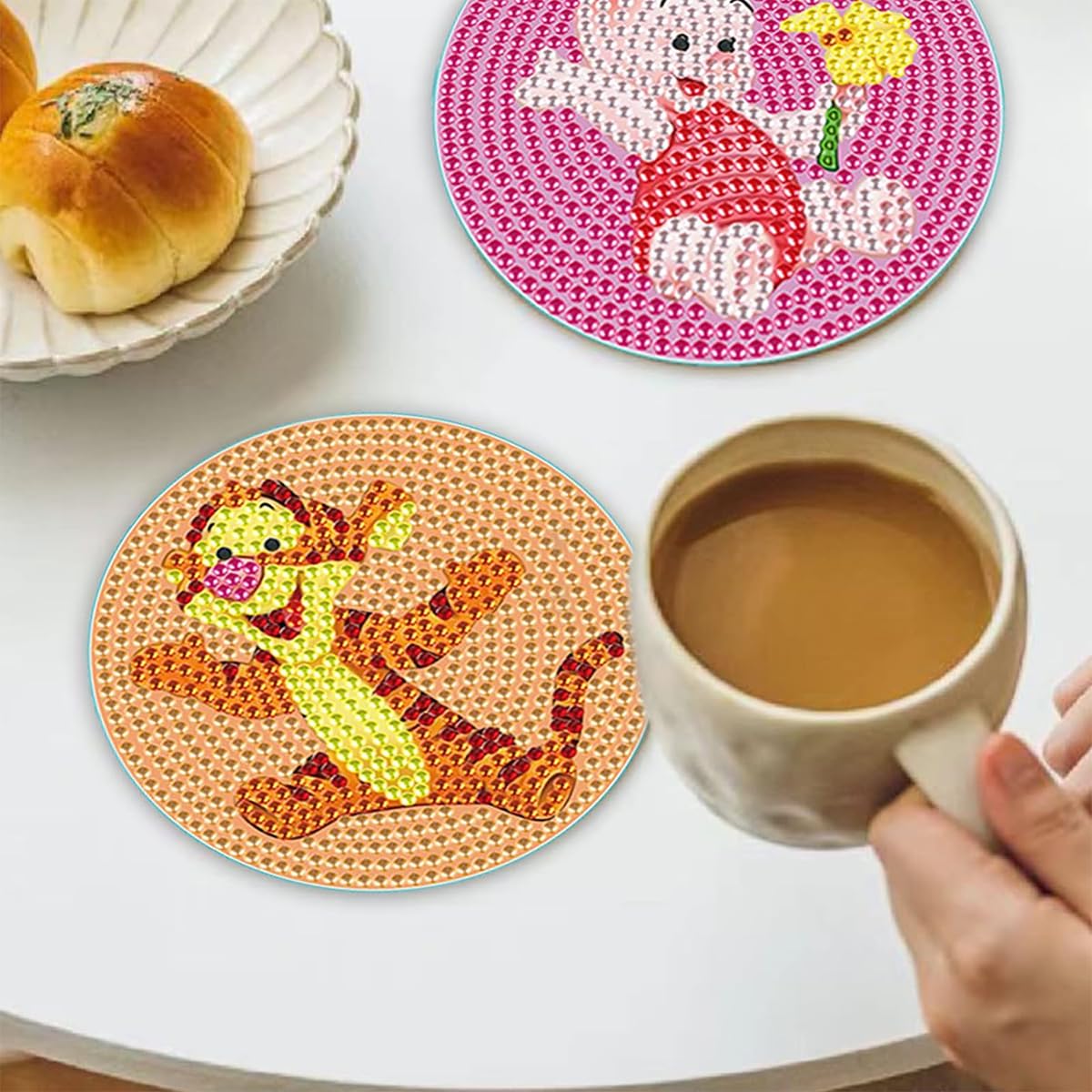 PATPAT Diamond Painting Coaster Set for DIY Tea Crafts with Tools 5 Pcs Acrylic 10cm | Winnie the Pooh Design