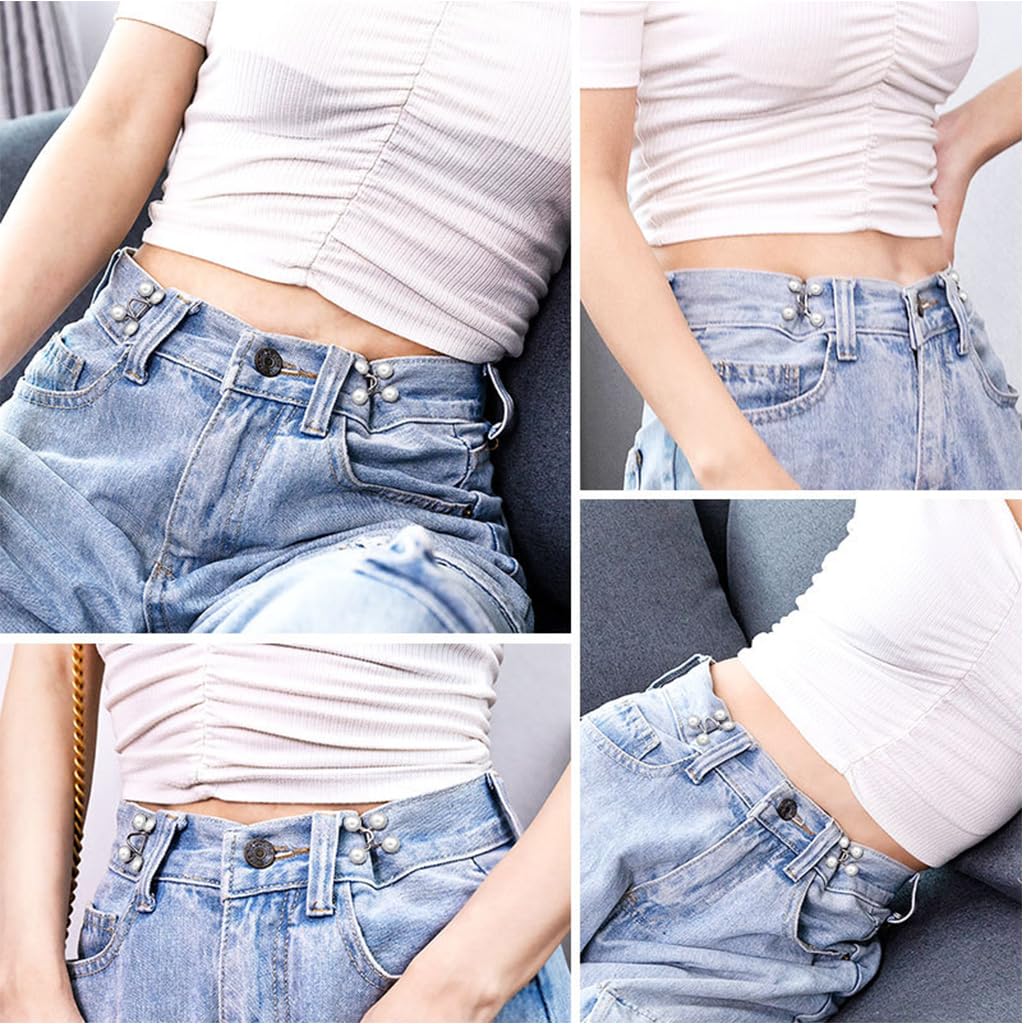 Venzina Jeans Button Pants Adjustable Waist Buckle for Loose Jeans with Pearl & Crystal Style | 4 Pairs No Sewing Metal Pins