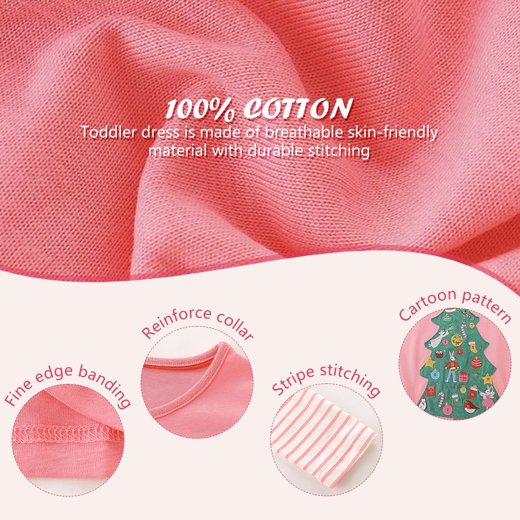 SANNIDHI Christmas Dress for Girls featuring Striped Long Sleeves and 120 cm Pink Cotton | Festive Tree Print Nightgown for Parties or Homewear