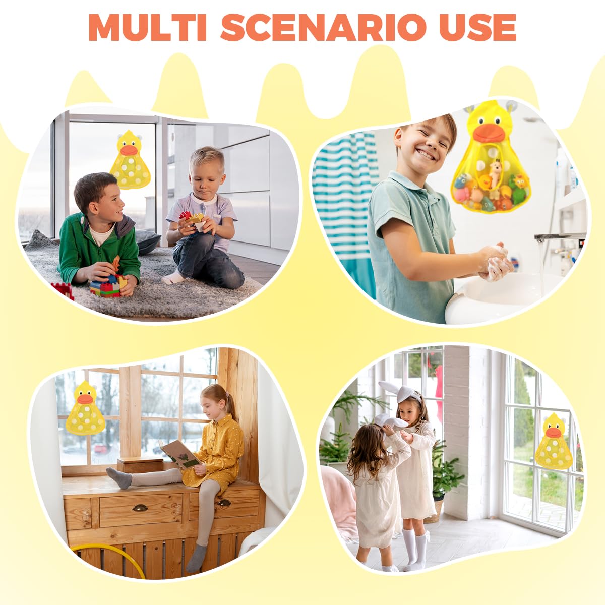 SNOWIE SOFT Bath Toy Storage Organizer for Bathroom with Suction Cups and Quick Dry Mesh | Cartoon Yellow Duck Kids Toy Bag