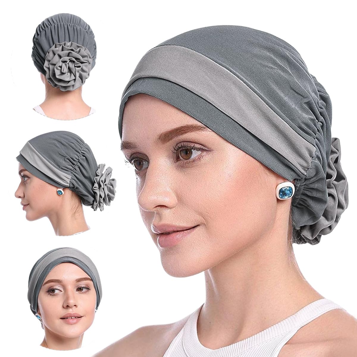 PALAY Chemo Caps for Women with Elastic Fit 56–60 cm featuring Cotton Spandex Fabric | Grey Turban Beanie for Hair Loss and Sleep