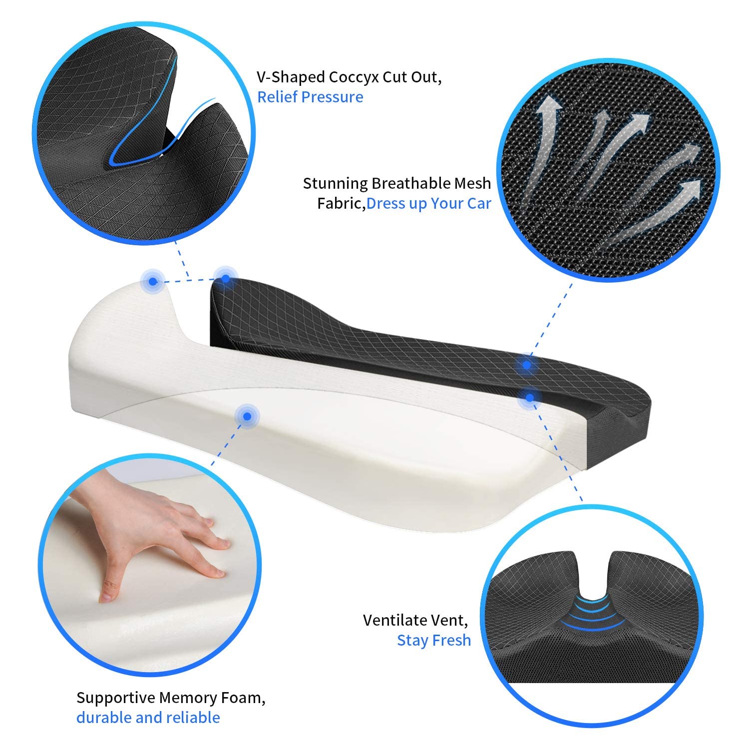 Memory Foam Car Seat Cushion for Lower Back Pain Relief with Anti Slip Bottom and Adjustable Belt | 43×47×15cm Breathable Pad for Office Chair and Wheelchair