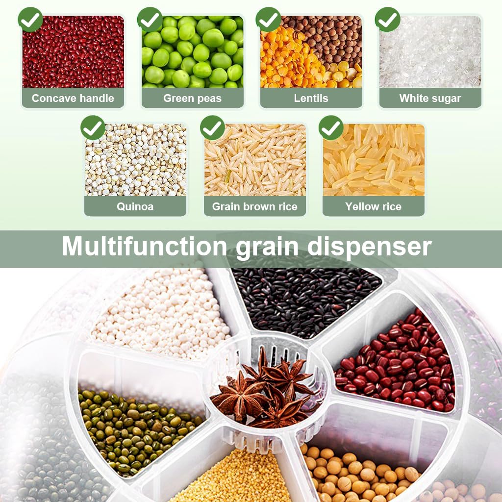 Supvox® Grain Dispenser Container Rotatable Grain Organizer with Lid 6 Compartment Grain Storage Dispenser for Rice, Beans, Seeds, Oats Moisture Prevention Rice Container Grain Dispenser for Kitchen