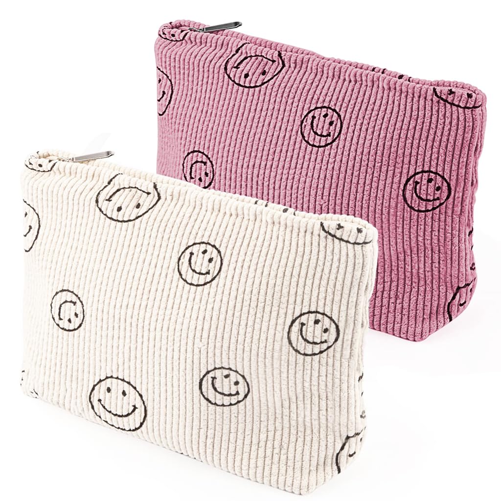 ZIBUYU Makeup Pouch Bag for Travel and Daily Use with Zipper Closure 25x20x6 cm | Corduroy Smiley Print for Women