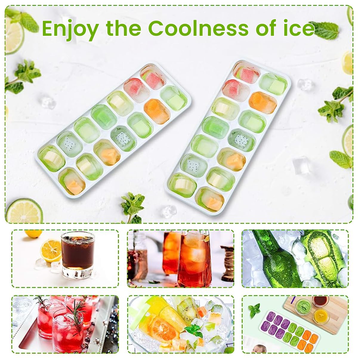HASTHIP Ice Cube Tray for Freezer Set of 4 with 56 Cubes and Soft TPR Bottom Design