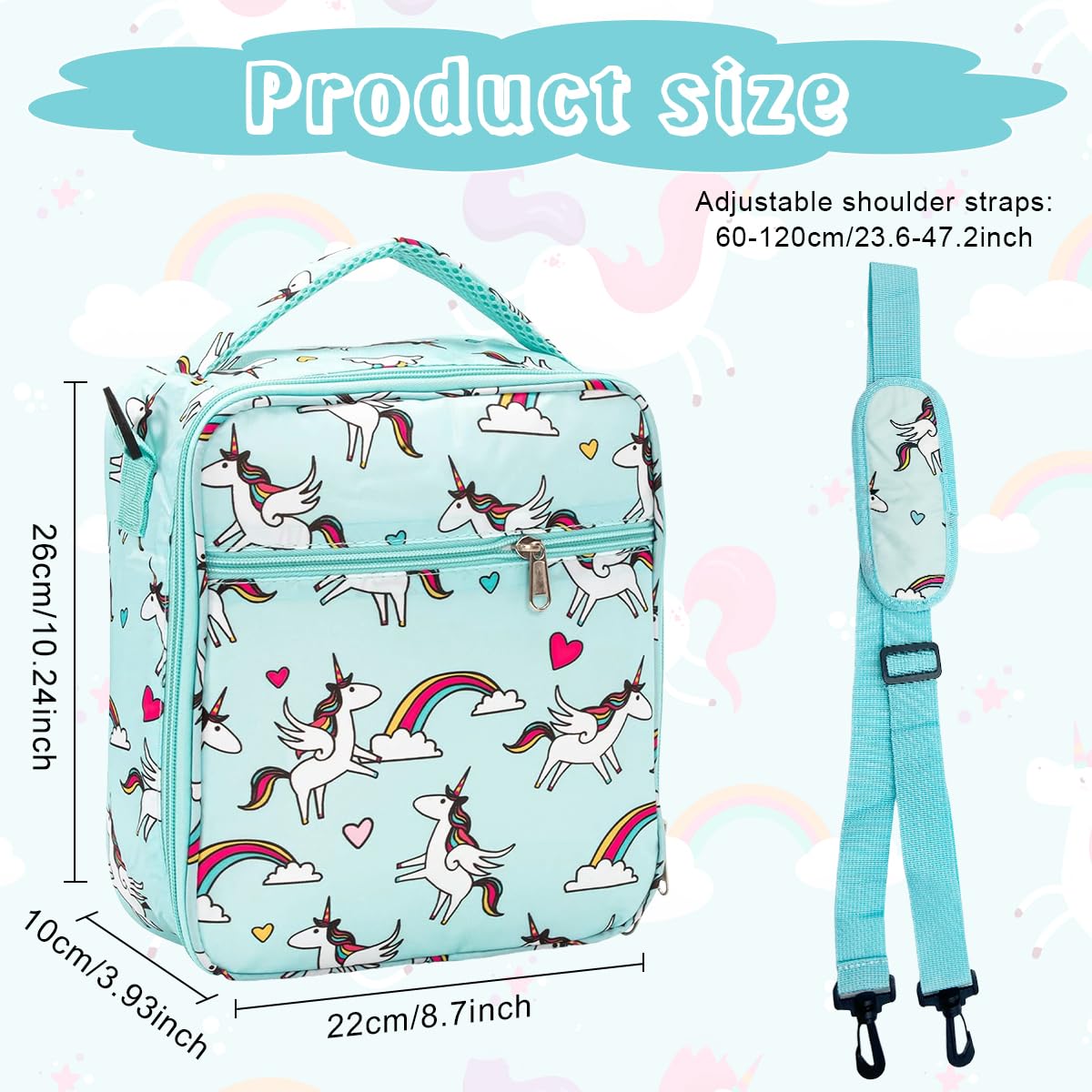 HASTHIP® Lunch Box Bag Insulated Lunch Box Bag Cartoon Print Camping Lunch Box Bag for Kids Thermal Lunch Box Bag with Handle & Removable Shoulder Strap Kids Camping Picnic Food Pouch, 8.5