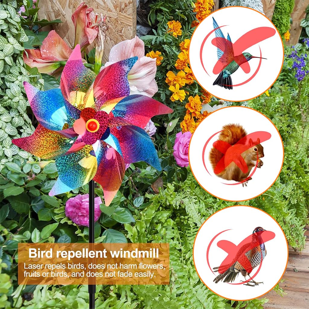 HASTHIP® 5Pcs Bird Repellent for Balcony, Colorful Reflective Pinwheels Pigeon Scarer, Ornamental 8-blade Windmill Anti Bird Device for Roof Edge, Fence, Garden Yard Lawn