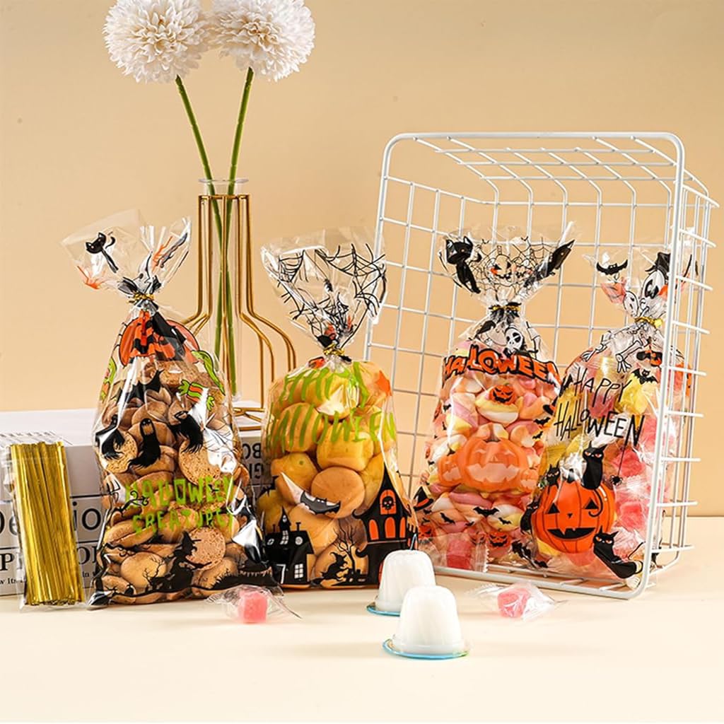 HASTHIP Halloween Goodie Bags for Party Treats featuring 100 Pack 5.1×10.6 in Size with Golden Twist Ties