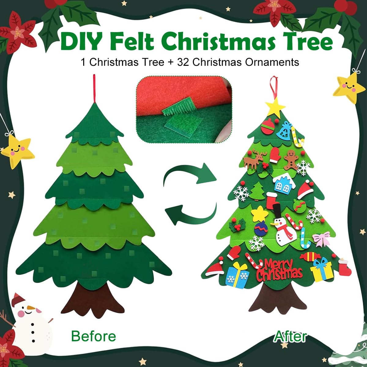 PATPAT DIY Felt Christmas Tree for Toddlers with 3ft Hanging Ornaments | Fun Holiday Craft and Gift Decor