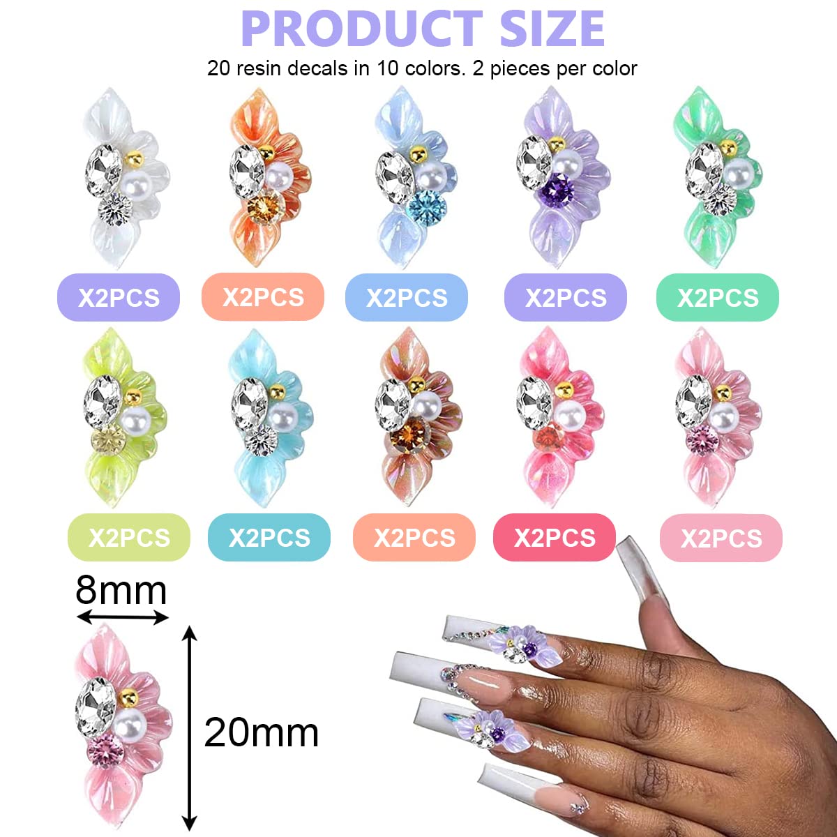 MAYCREATE 3D Nail Charms for Nail Art Decorations featuring Resin Flowers and Rhinestones | 20PCS in 10 Colors