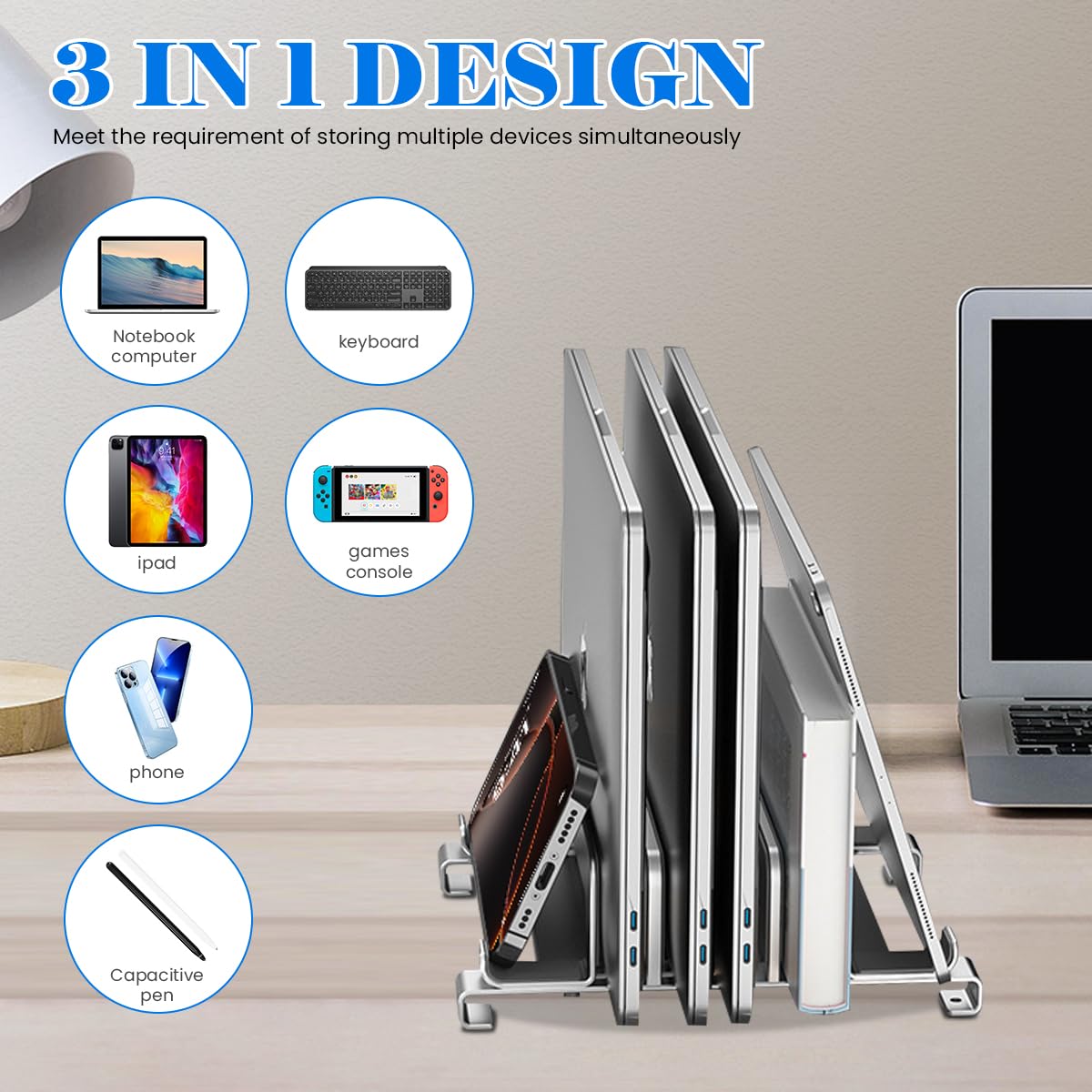 ZORBES 3 Slot Vertical Laptop Stand for Desk Organization with Adjustable Spacing and Stainless Steel Frame