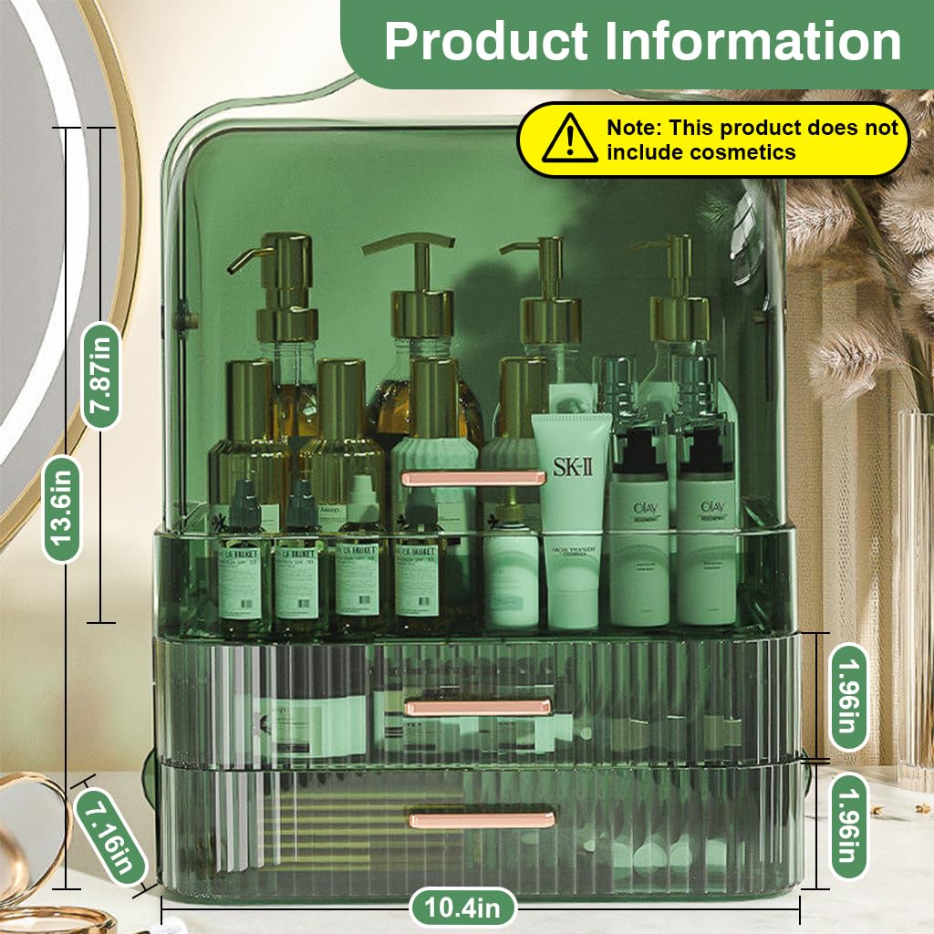 MAYCREATE Dressing Table Organizer for Cosmetics with 34.7x26.5x18.2cm Drawers and Flip-Up Lid | Green Plastic Design