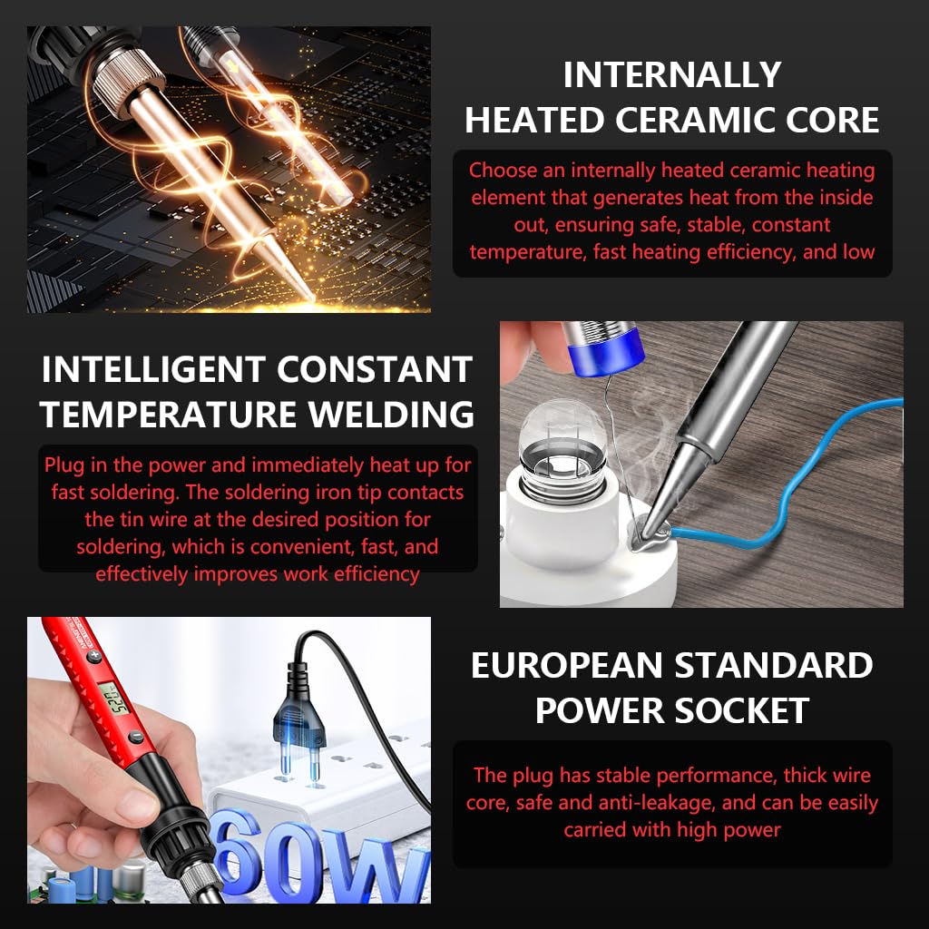 Serplex Soldering Iron Kit for Electronic Repair with LCD Display and 60W Adjustable Heat | Includes 5 Tips and Ergonomic Handle