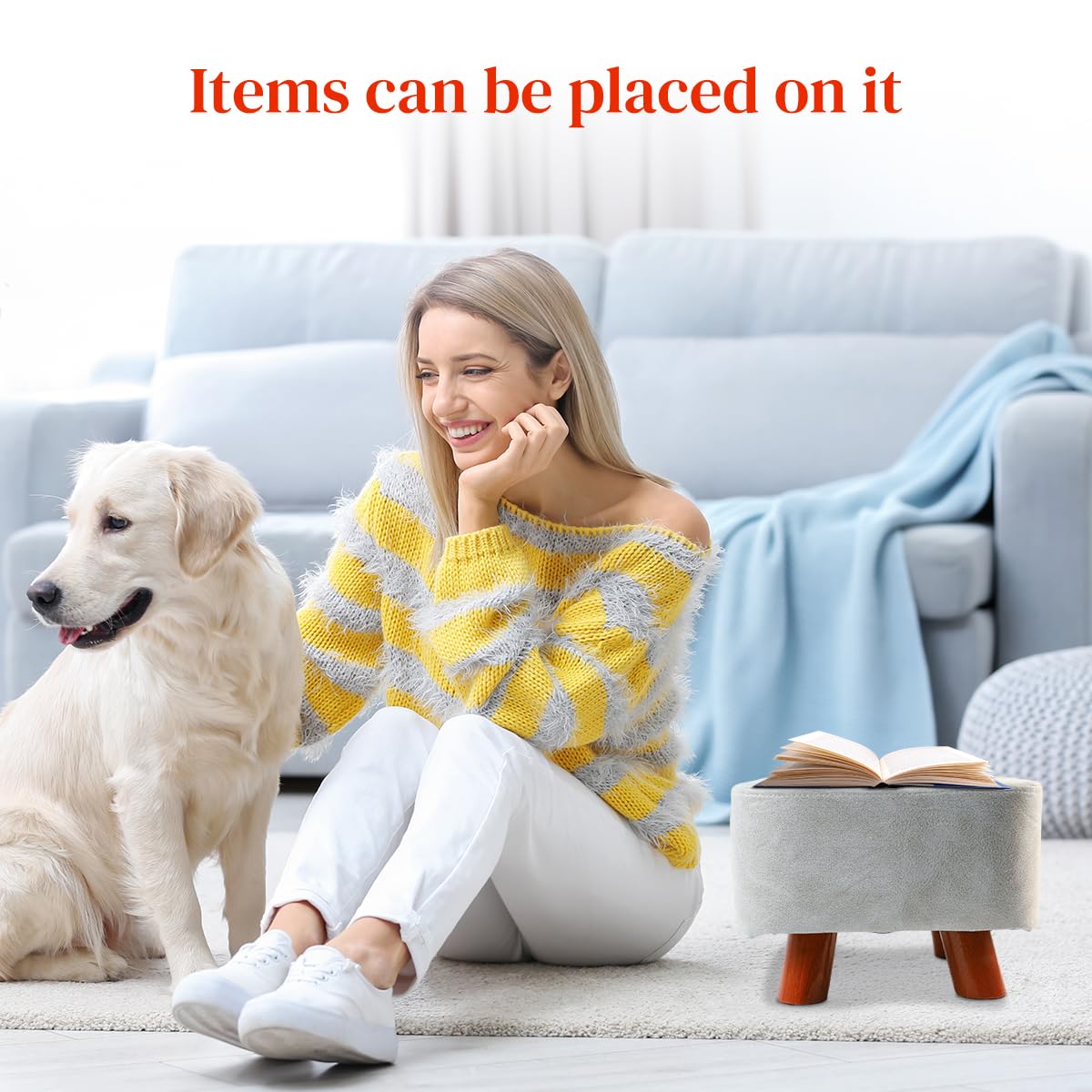 HASTHIP Ottoman Stool for Living Room with 11x11x7.8 in Size and Triangular Wooden Support | Grey Leather Cushion Footrest