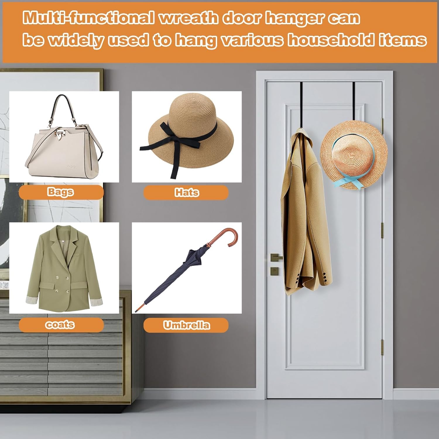 HASTHIP Wreath Hanger for Front Door with 15–25 in Adjustable Slide Mechanism | Black No Scratch Hook