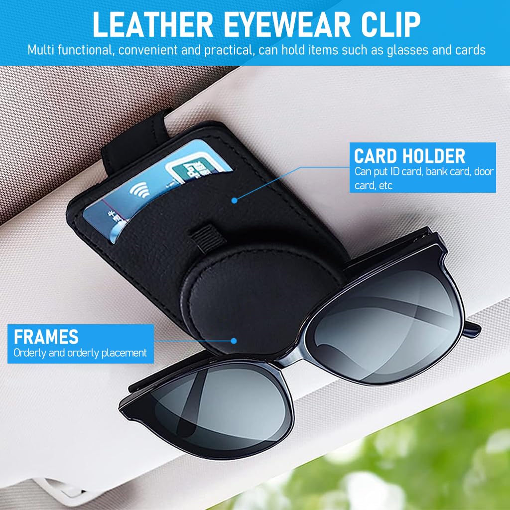 STHIRA Clip On Sunglasses Holder for Car Sun Visor with Magnet Closure 4.33x2.76 in PU Leather | Includes Card Slot