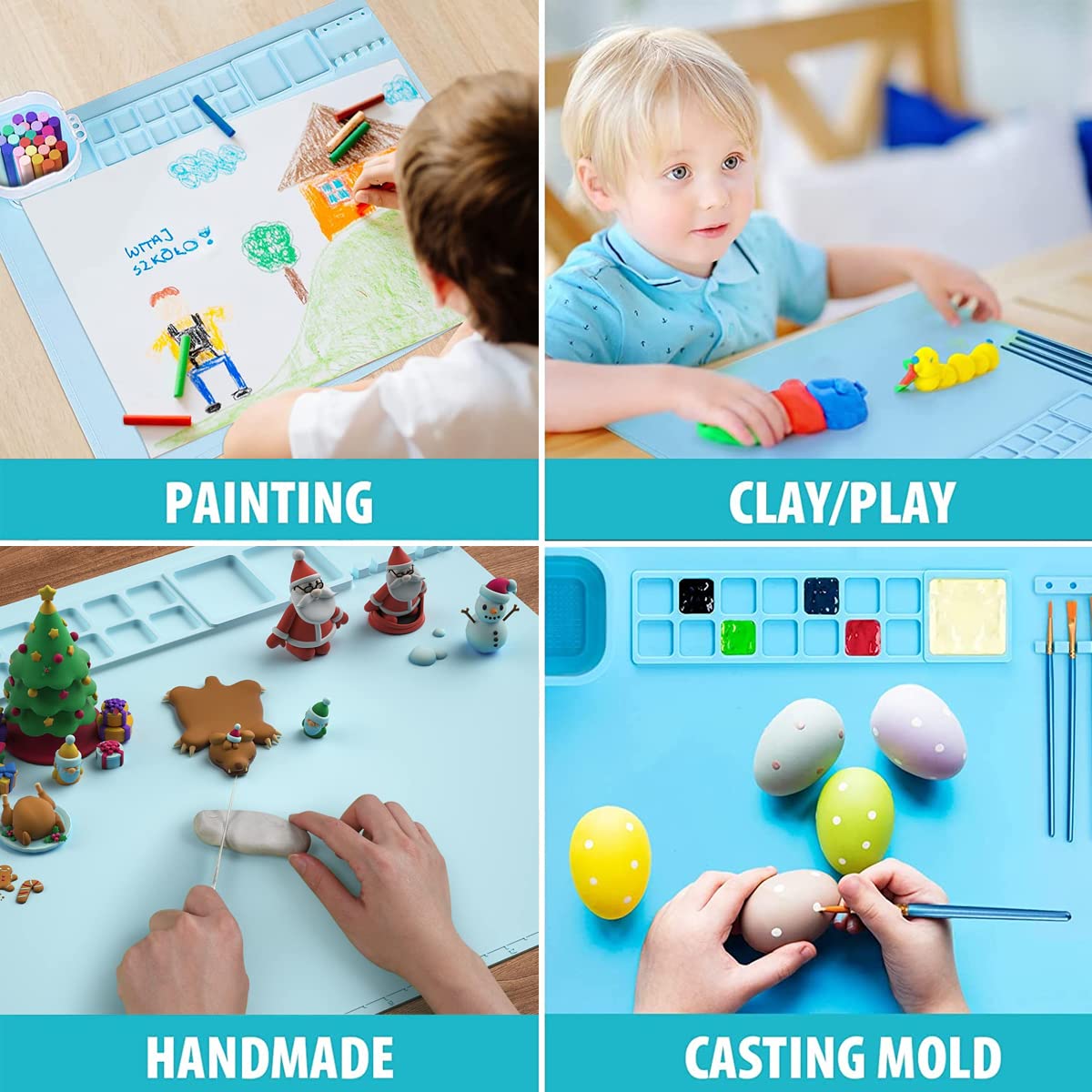 HASTHIP® 50*40cm Silicone Craft Mat for Painting Play Doh and Clay for Kids, Non-Stick Multipurpose Silicone Sheet with Cleaning Cup and Color Mixing Plate for Arts and Crafts, Painting, Resin Casting