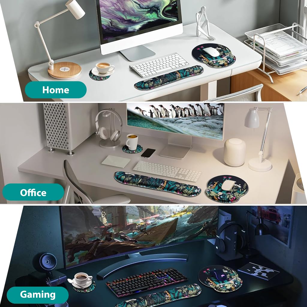 ZORBES Gaming Mouse Pad Set for Home and Office with Memory Foam Wrist Support | 3 Pcs Non Slip Base and Floral Print