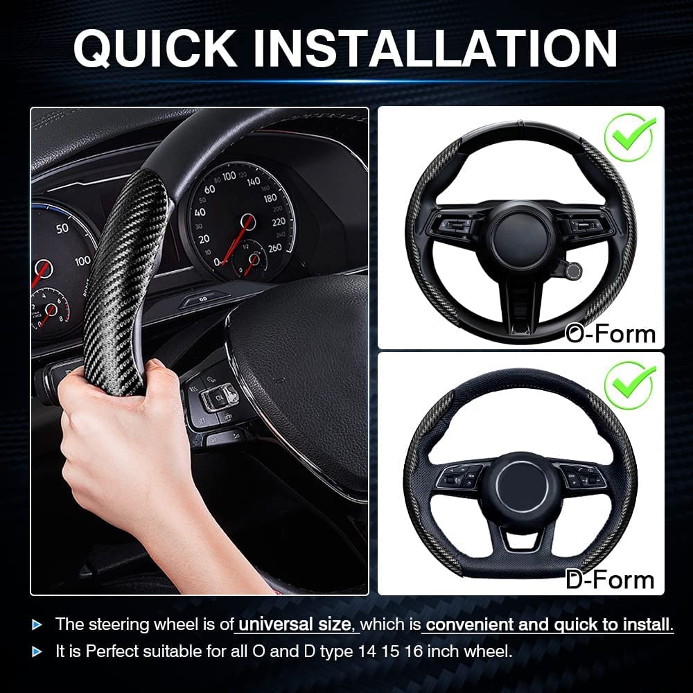 STHIRA® Carbon Fibre Carbon Fiber Steering Wheel Cover Universal Steering Wheel Cover Car Interior Decoration Car Steering Wheel Anti-Slip Cover For 14/15 Inch Car Steering Wheel, Black