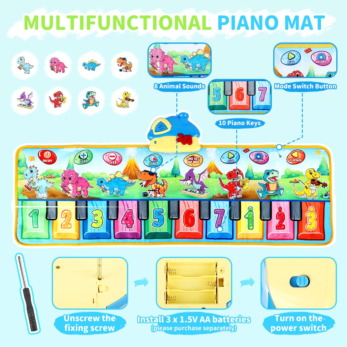 PATPAT Dinosaur Piano Keyboard Musical Mat for Kids with 10 Sounds and 43.3x14.2 in Size | Educational Gift for 1–6 Year Olds