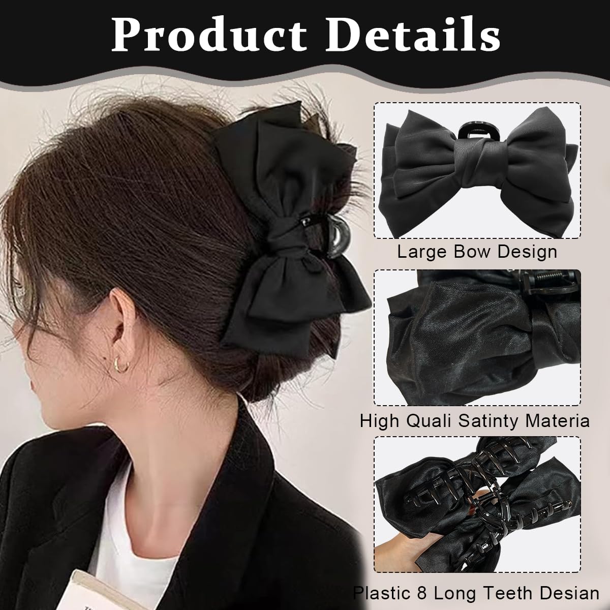 PALAY® Claw Clip for Women Large Black Bow Claw Clip for Medium Thick Hair Women Hair Accessories for Hair Styling, Hair Clamp, Hair Claw for Women Girls