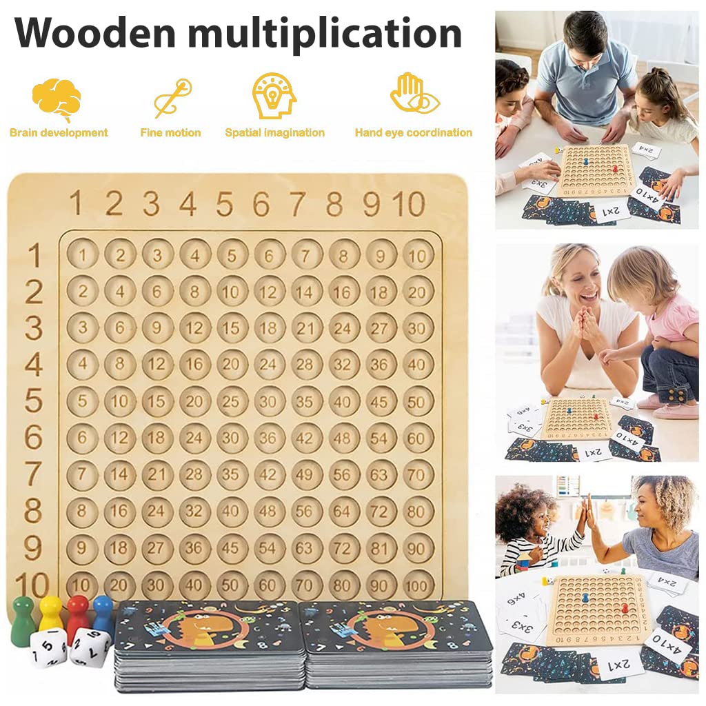 PATPAT Wooden Math Multiplication Board with Dice and Card, Montessori Toy for Kid, Counting Toy Educational Multiplication Board Game for Toddlers Kids Over 3 Years Old to Practice Math Ability