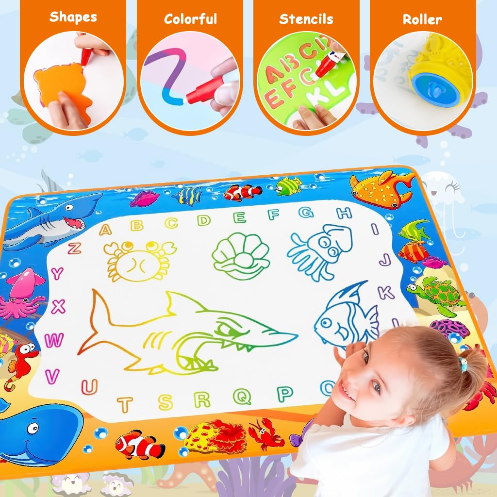 PATPAT Water Doodle Mat for Kids 39.3x27.5 in with Roller Stamps & Templates | Mess Free Drawing Playset