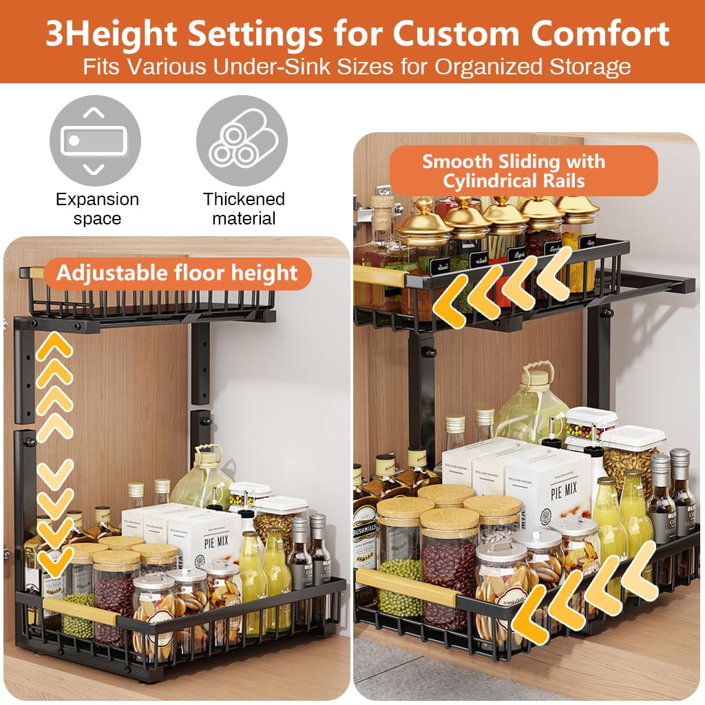 Supvox Kitchen Organizer Rack for Countertop and Under Sink Storage featuring 42–49cm Adjustable Double Layer Carbon Steel Stand