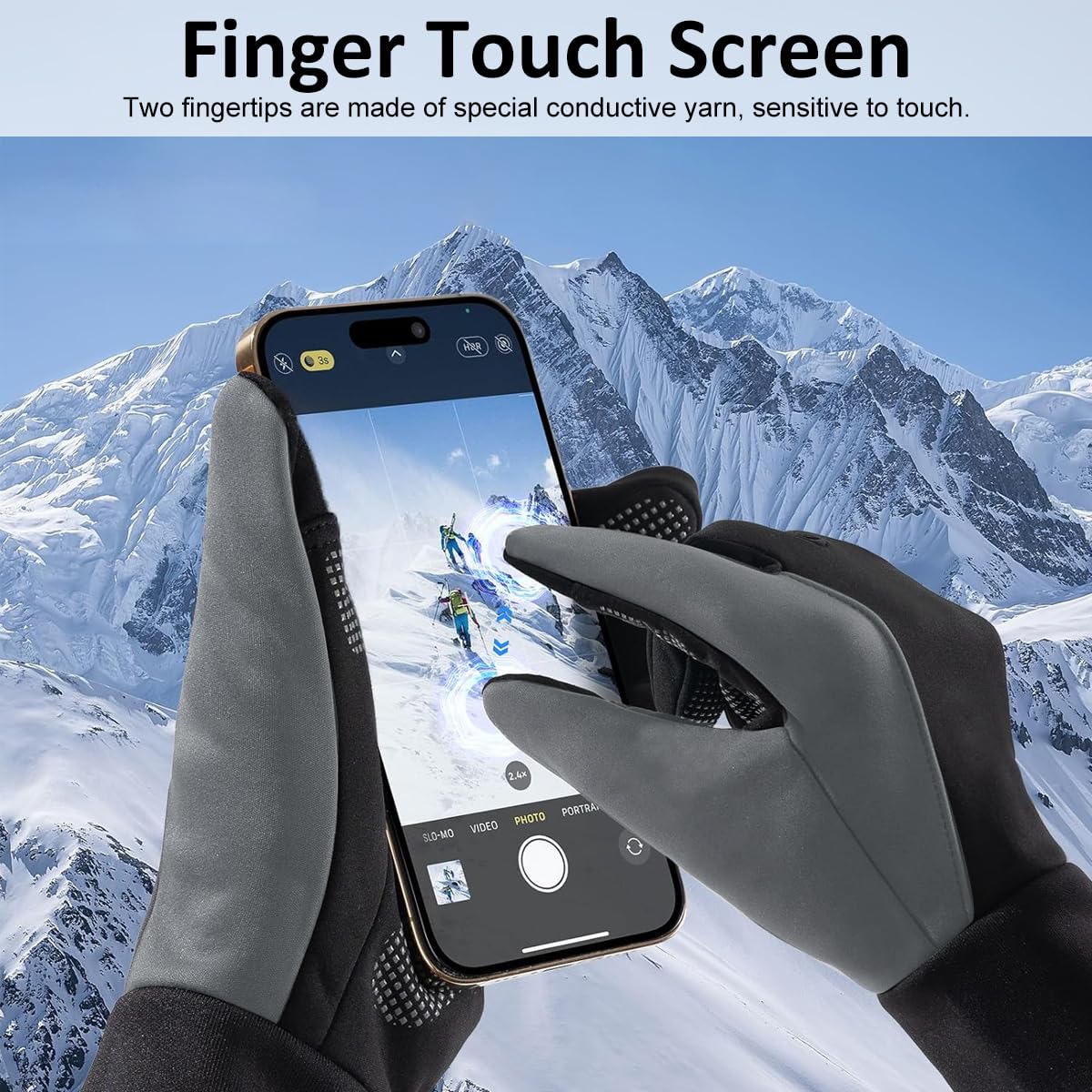 GUSTAVE Winter Gloves for Men with Touchscreen Fingertips and Anti Slip Palm | Splashproof Black Grey Thermal Lined