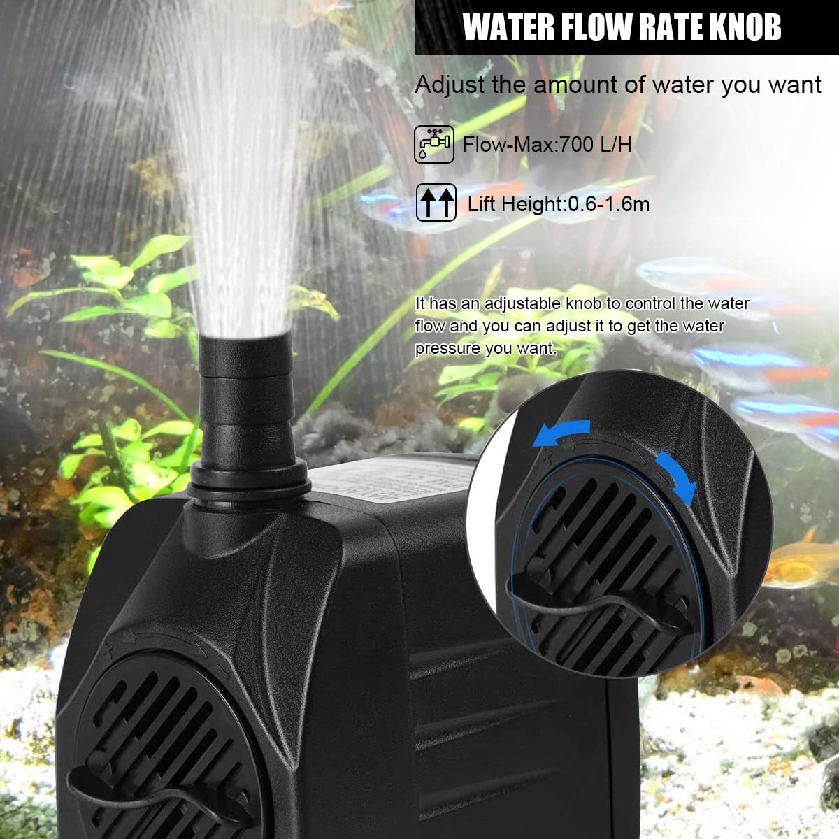 HASTHIP Aquarium Pump for Fountains and Fish Ponds with 750L/H Flow and 12 LED Lights | Ultra‑Quiet Submersible Motor 15W Black