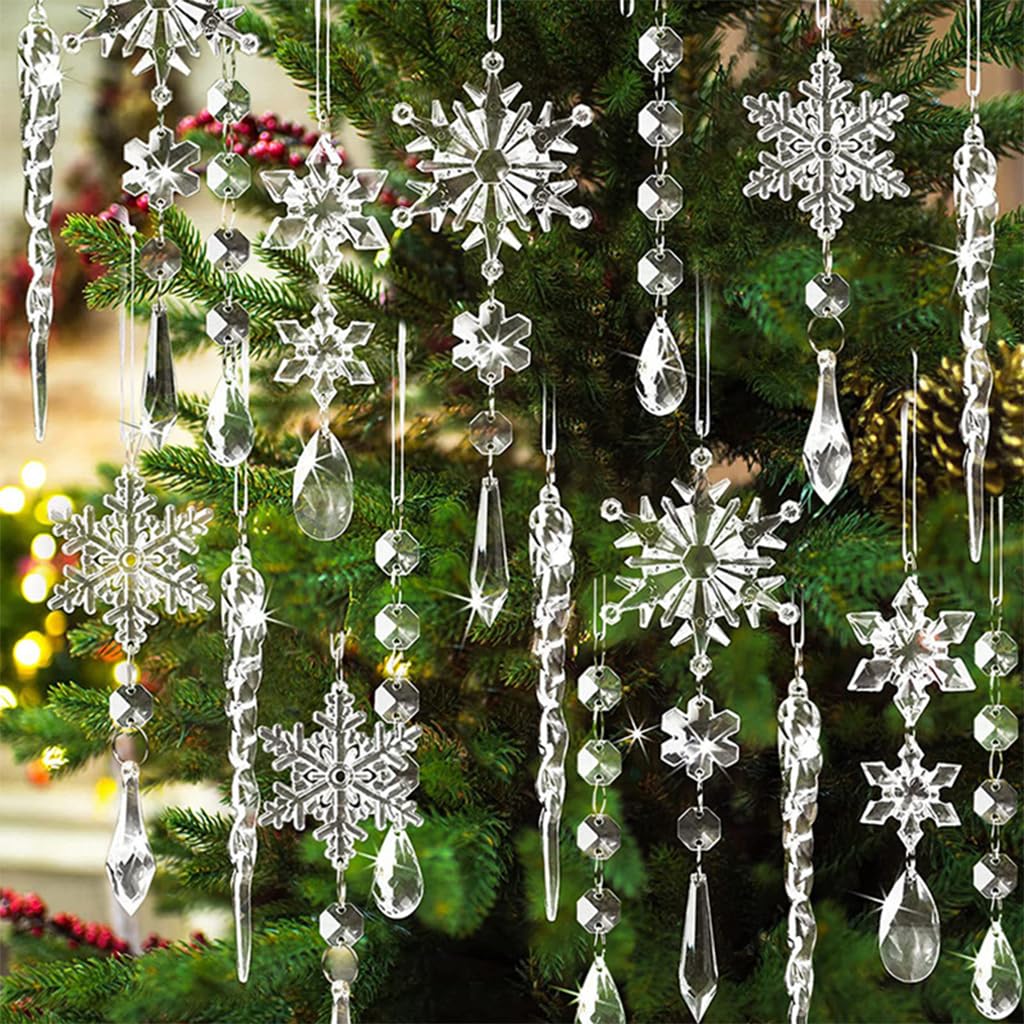 HASTHIP Christmas Tree Hanging Ornaments for Festive Decor featuring 18pcs Crystal Acrylic Snowflake and Icicle Designs