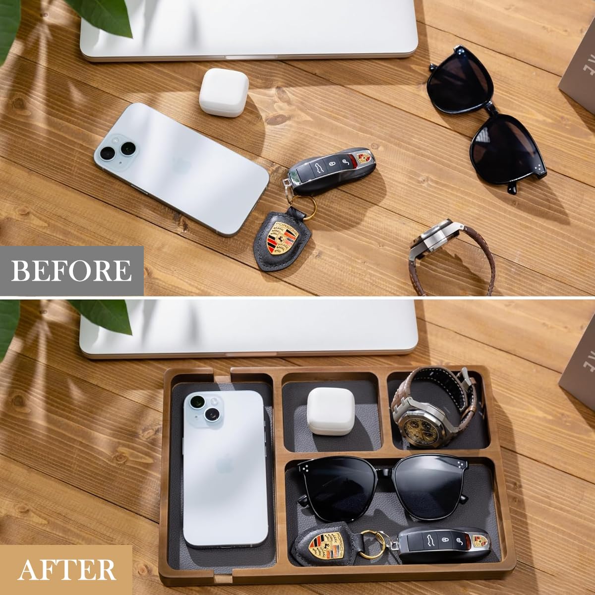 Climberty Valet Tray for Desk and Nightstand featuring Cable Notches and PU Leather Inlay 2 x 30 x 20 cm